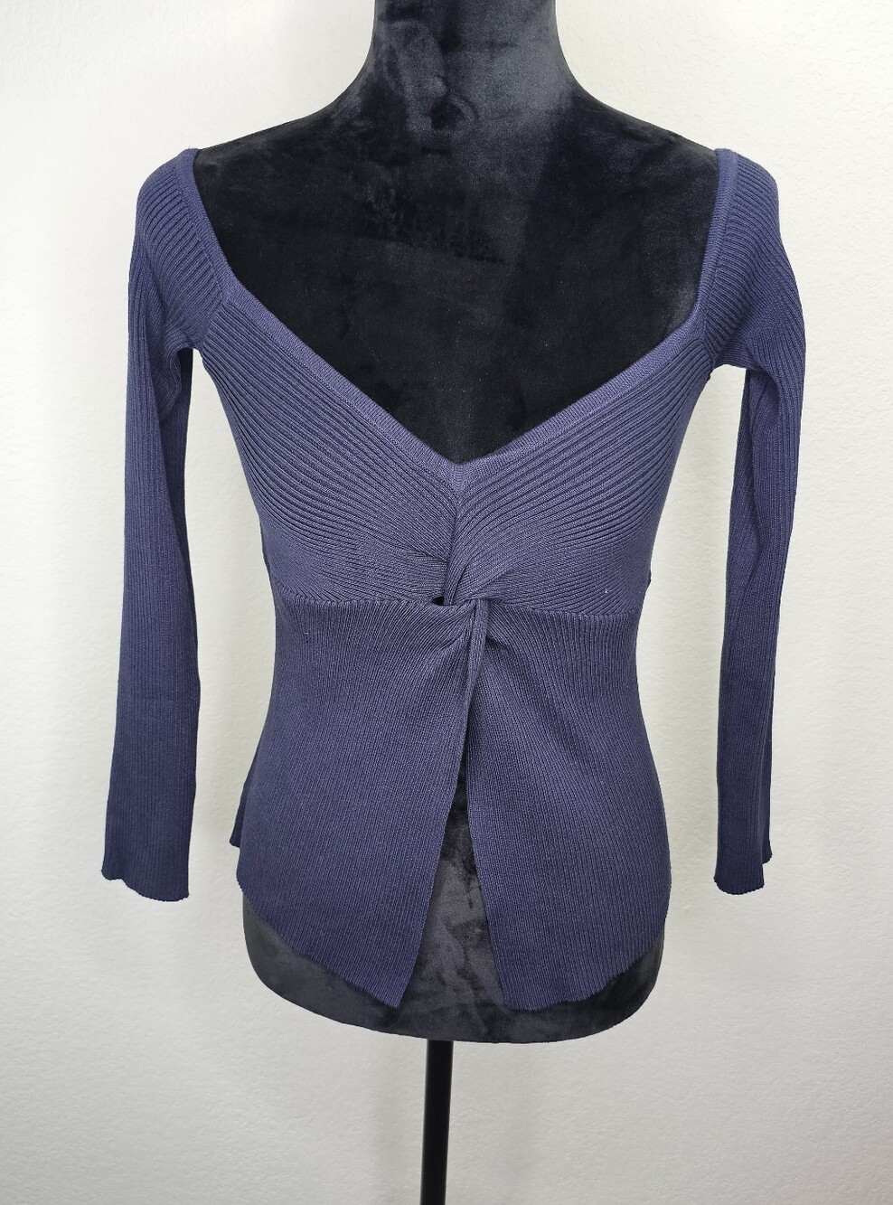 The Workshop Ribbed Off The Shoulder Long Sleeve Knotted Navy Top Medium